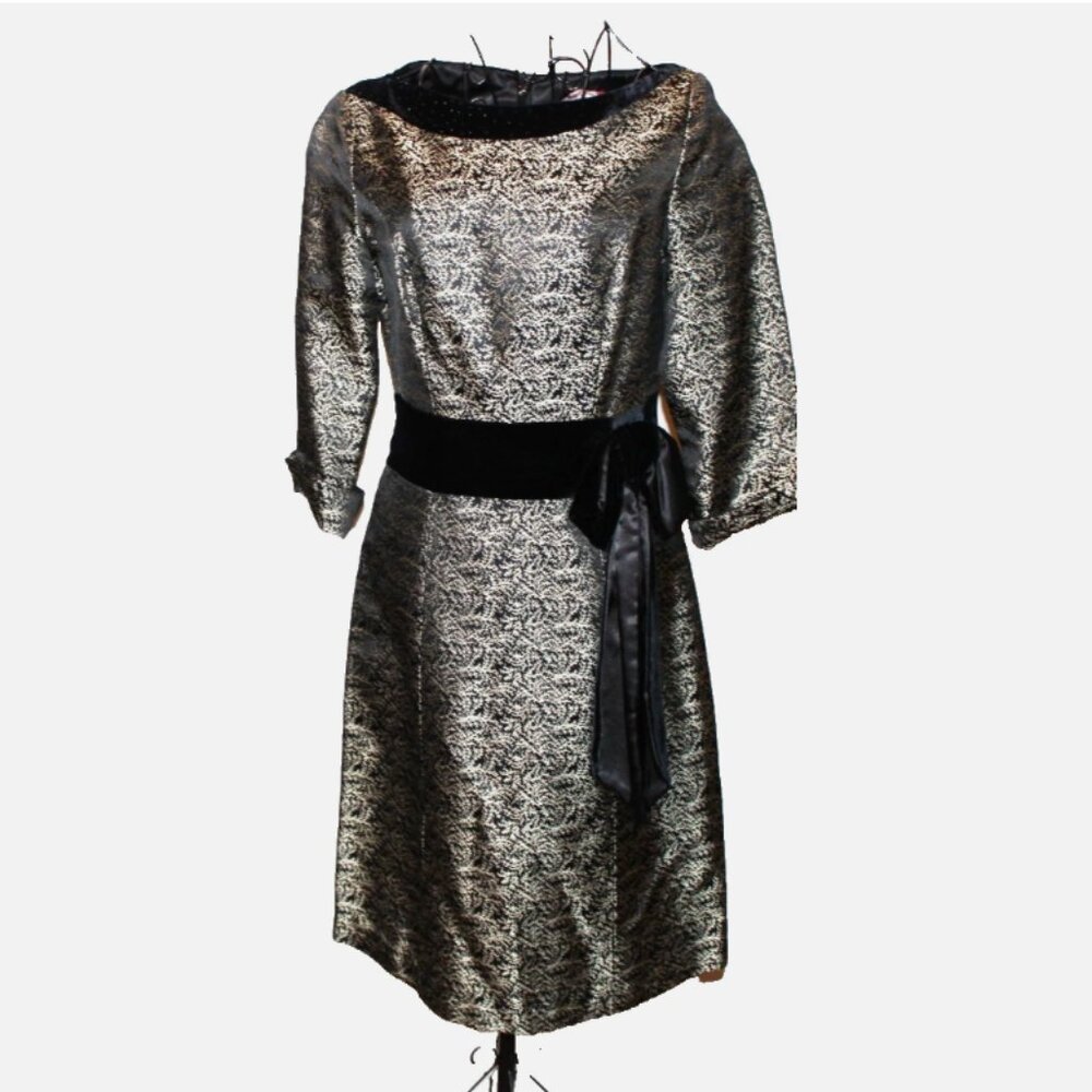 Black Formal Party Dress Gold & Velvet Trim Bow Embellished XS/S Mozen Back Zip